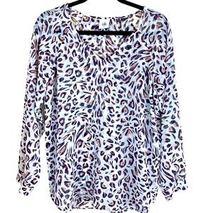 CAbi Glamour Blouse White Leopard Animal Print Sheer V-Neck 5337